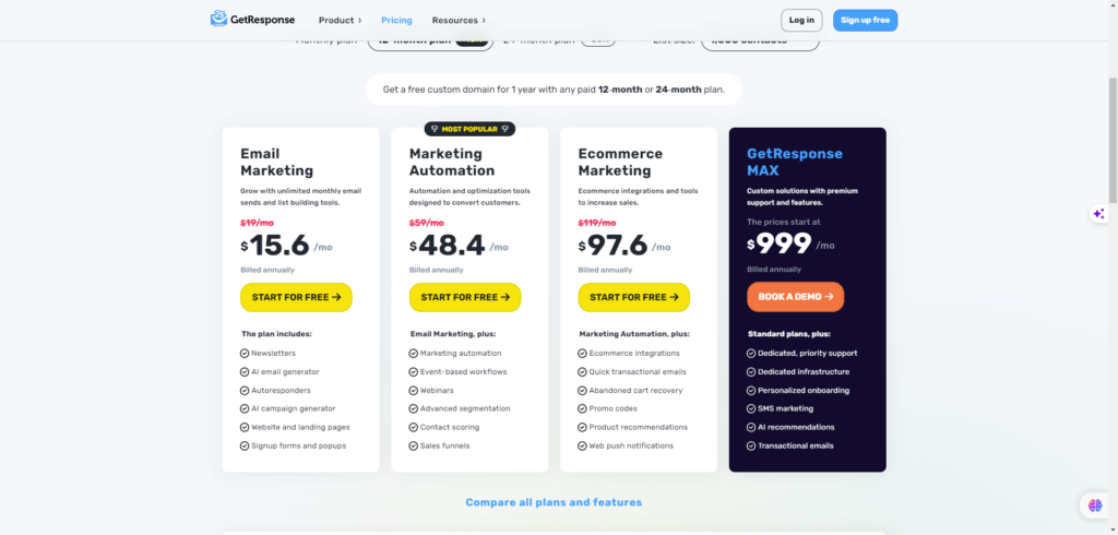 The pricing page for a web hosting service offering Email Marketing integration with either AWeber or GetResponse.