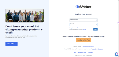 A screen shot of the AWeber login page for Small Business Email Marketing.