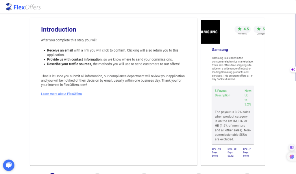 A screenshot of the flexoffers website interface showing the "introduction" section with instructions on how to unlock earning potential through the Samsung Affiliate Program.