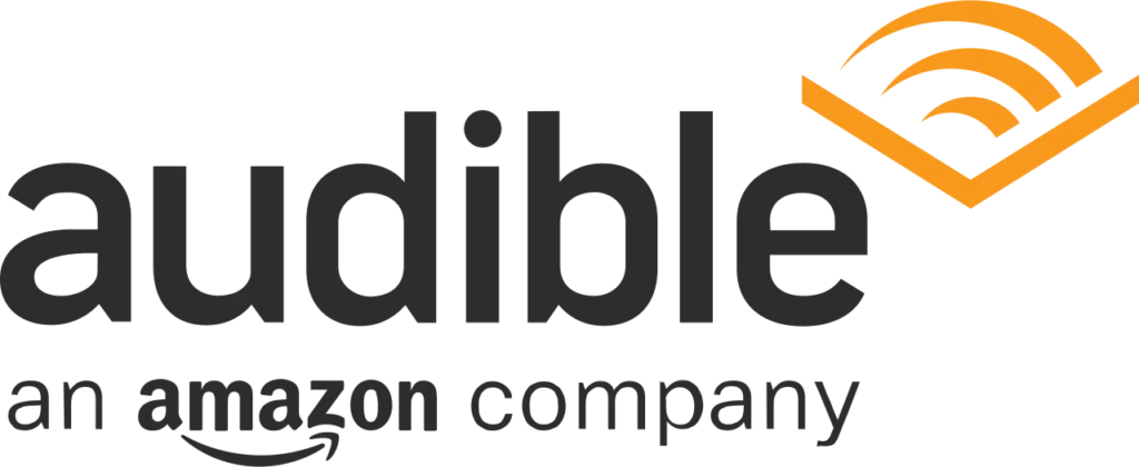 The image displays the logo of Audible, an Amazon company, which consists of the word "audible" in lowercase letters alongside an orange wi-fi-like sound wave symbol. This is part of the audible affiliate program