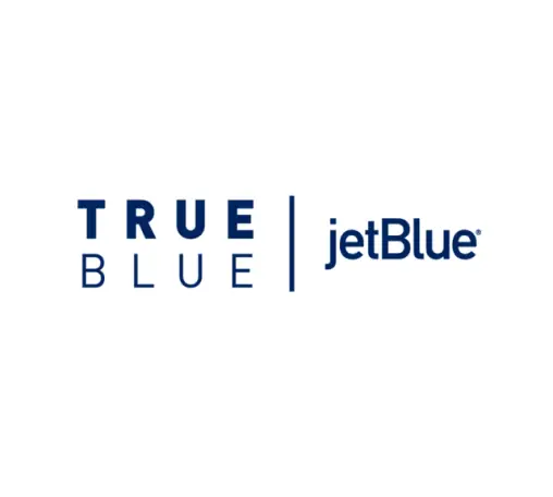 TrueBlue JetBlue logo in blue text on a white background, where you can earn points with every flight.