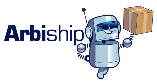 Illustration of a smiling robot holding a cardboard box, set against a dark blue background, perfect for promoting the Arbiship Affiliate Program.