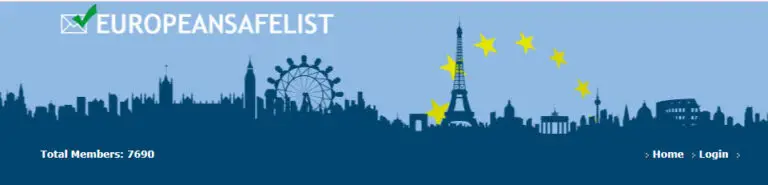 Logo and skyline of major European landmarks with caption "EUROPEANSAFELIST," total members count (7690), and links to Home and Login. Join the Ultimate Platform to boost profit.