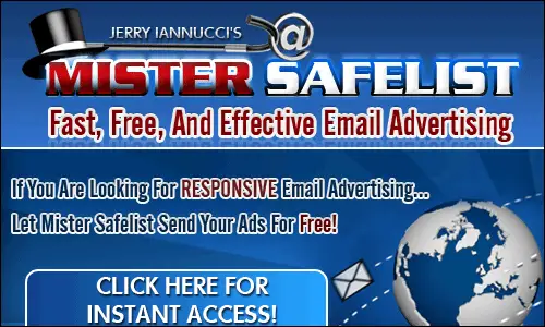 Promotional banner for Mister Safelist advertising service, highlighting fast, free, and effective email advertising. Experience responsive email advertising that drives profit and affiliate growth. Click now for instant access!