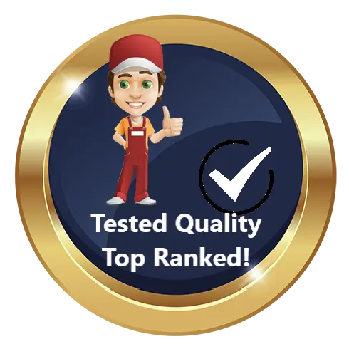 Illustration of a cartoon worker giving a thumbs-up next to a checkmark, with the text "Tested Quality Top Ranked!" inside a gold-edged circle. Perfect for online marketing campaigns and boosting your potential on platforms like Traffic Hoopla.