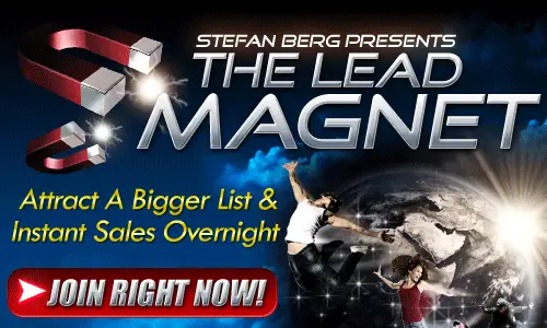 Promotional graphic for "The Lead Magnet" featuring a large magnet attracting people from around the globe. Unlock your potential with our tool and maximize profit. Click the call-to-action button reading "Join Right Now!