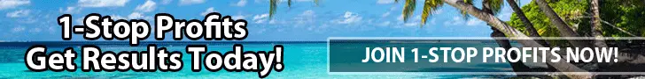 Banner ad for "1-Stop Profits" with a tropical beach background, featuring text: "1-Stop Profits: Your New Avenue to Get Results Today! Dive into Affiliate Marketing success. Join 1-Stop Profits Now!