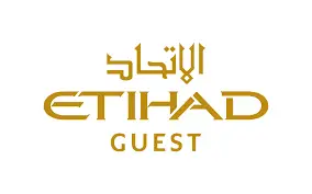 Etihad Guest Program logo with Arabic script above "ETIHAD GUEST" in gold-colored text, inviting members to Travel Better.