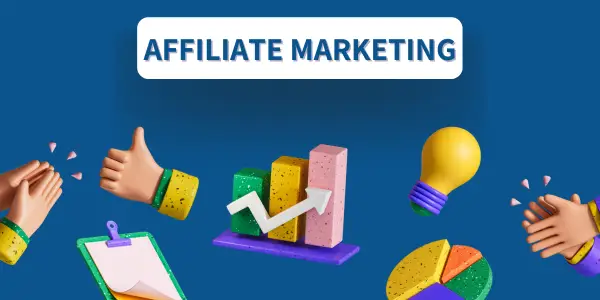 Illustration depicting the first steps in affiliate marketing with a bar chart, pie chart, light bulb, clipboard, and clapping hands on a blue background.