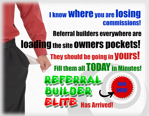 A person in a red shirt with an empty pocket stands ready to transform their potential. With the power of "Referral Builders Elite," commissions are within reach. Become a Growth Partner today and take action with our "Join Now" buttons.