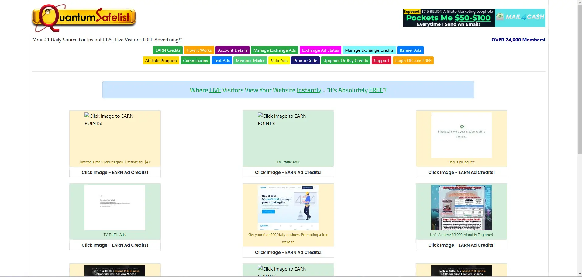 Discover our webpage featuring promotional banners for website traffic services, enhanced with Quantum Safelist integration. Explore multiple clickable advertisement sections and colorful navigation tabs at the top, tailored for the savvy world of affiliate marketing.
