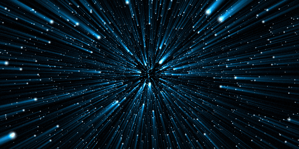 A dynamic display of blue and white streaks radiating outward from the center on a dark background, resembling a warp speed or hyperspace effect, introduces a new way of visual storytelling for LeadBoost.VIP's cutting-edge advertising campaign.