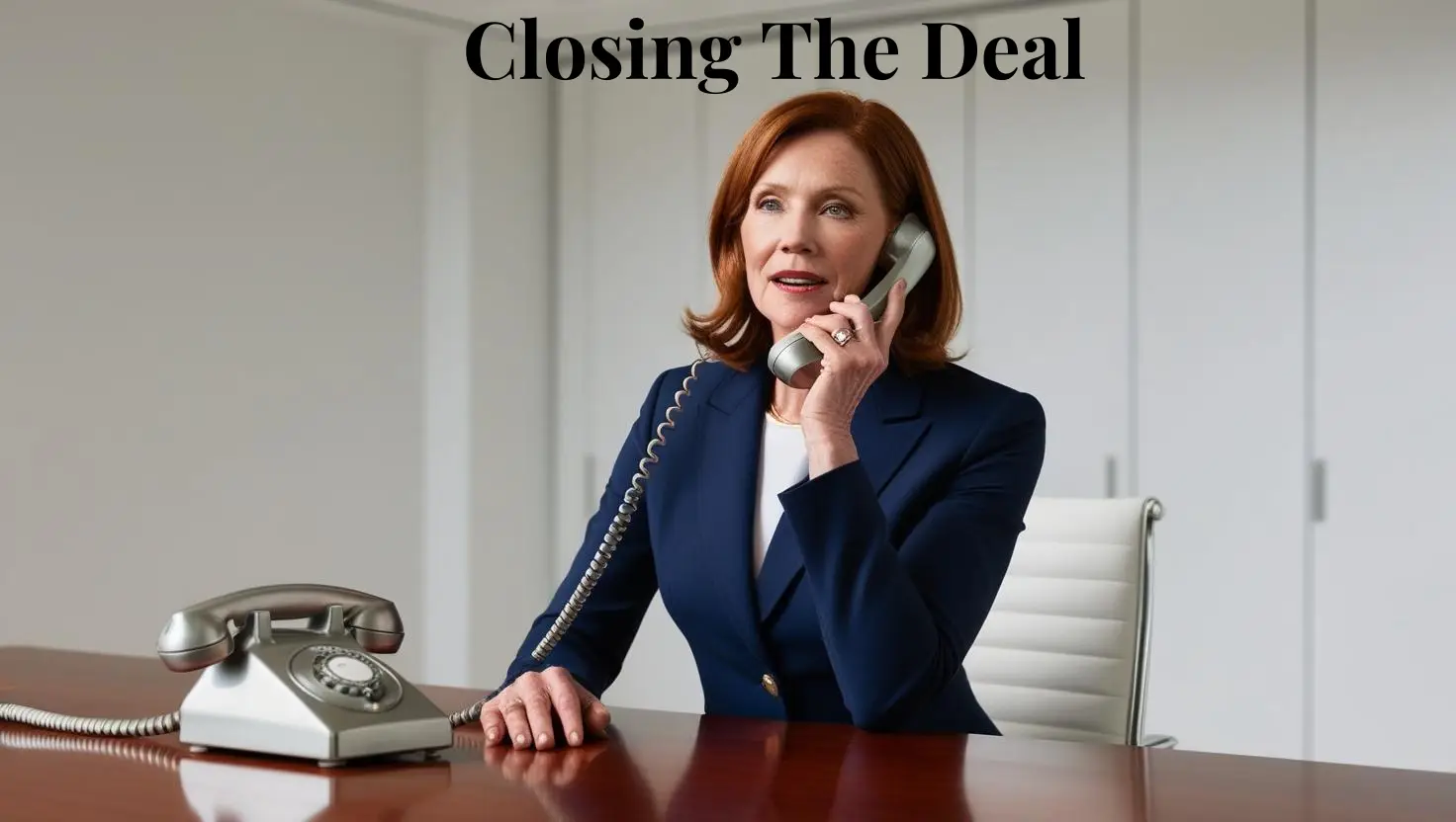 Businesswoman in a navy blazer talking on a corded phone at a desk, with the text "Nurturing the Deal" above her.