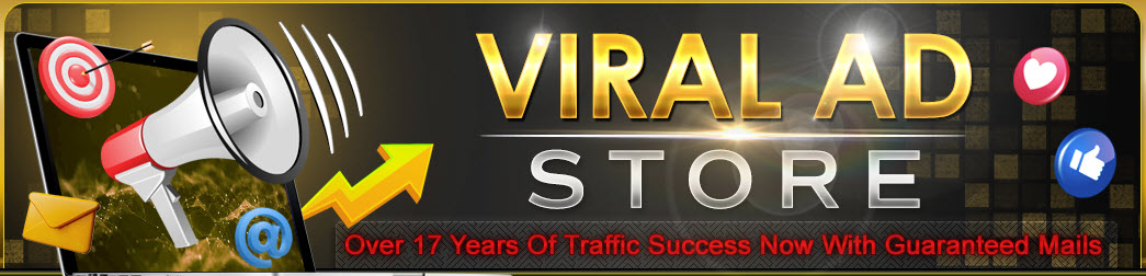 Banner with a megaphone, bar chart, and social media icons. Text reads: "Viral Ad Success Store. Over 17 Years Of Traffic Success Now With Guaranteed Mails.
