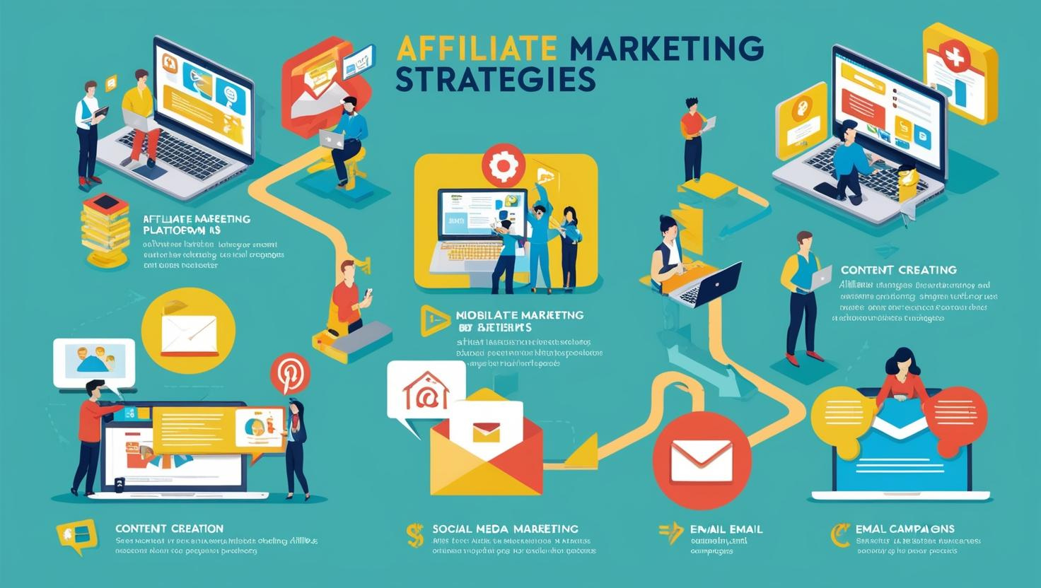Infographic outlining affiliate marketing strategies for profit, including mobile marketing, content creation, social media, email campaigns, and platform use, with illustrated people and digital icons.