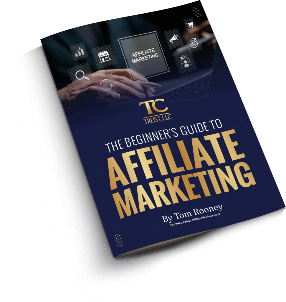 A book titled "The Beginner's Guide to Affiliate Marketing" by Tom Rooney, featuring marketing icons on the cover—your essential free guide to success in affiliate marketing.