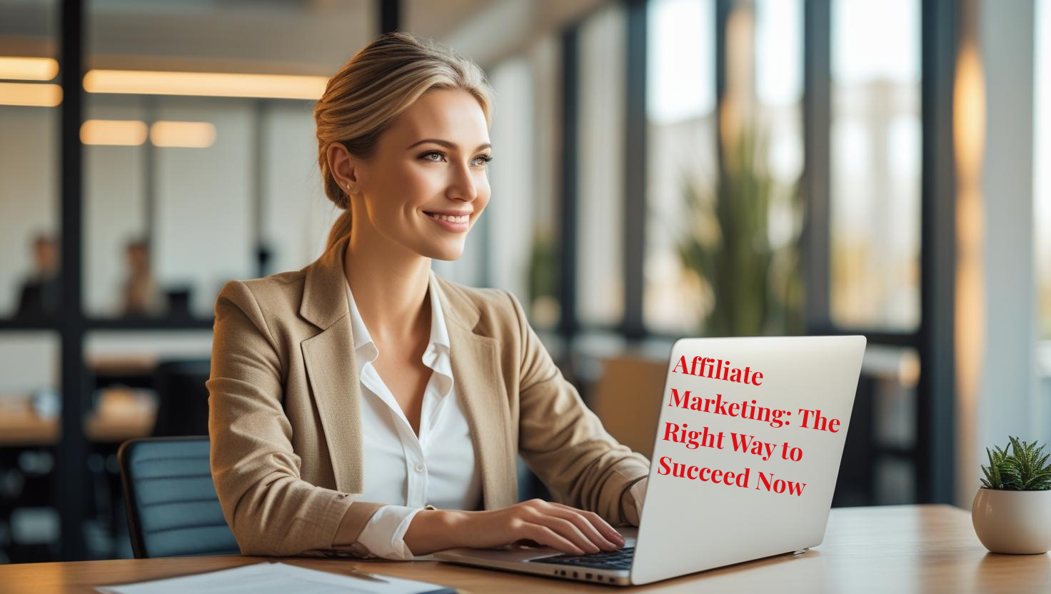 A woman in business attire sits at a desk, smiling while using a laptop displaying the text, "Affiliate Marketing: The Right Way to Succeed," in an office setting.