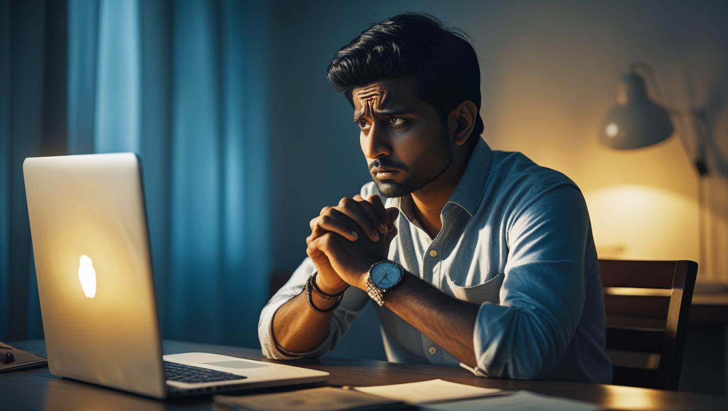 A man sits at a desk in front of a laptop, looking concerned with his hands clasped, in a dimly lit room as he searches for online income support.