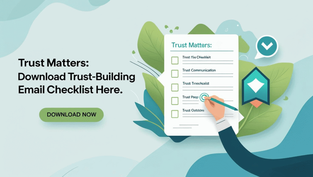 A hand checks off an item on a trust-building checklist, with text promoting a downloadable email checklist and a prominent "Download Now" button.