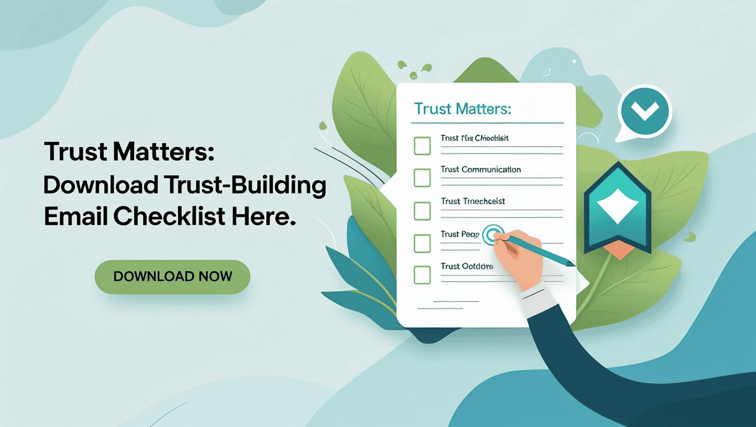 A hand checks off an item on a trust-building checklist, with text promoting a downloadable email checklist and a prominent "Download Now" button. - Prime Affiliate Reviews — Trusted, Honest Support A hand checks off an item on a trust-building checklist, with text promoting a downloadable email checklist and a prominent "Download Now" button.