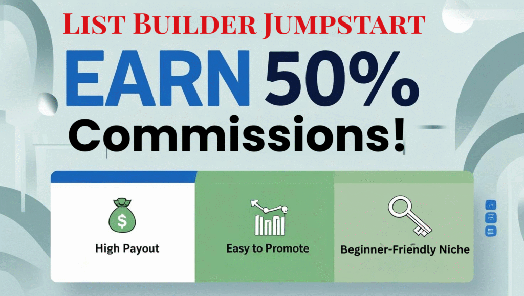 Promotional graphic featuring "List Builder Jumpstart, Earn 50% Commissions!"—perfect for affiliates seeking high payouts, easy promotion, and a beginner-friendly niche, all highlighted with eye-catching icons.