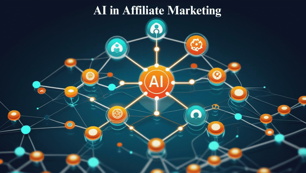 A digital graphic shows "AI" at the center, connected to marketing-related icons, illustrating how AI in Affiliate Marketing transforms strategies. The text "AI in Affiliate Marketing" appears at the top.