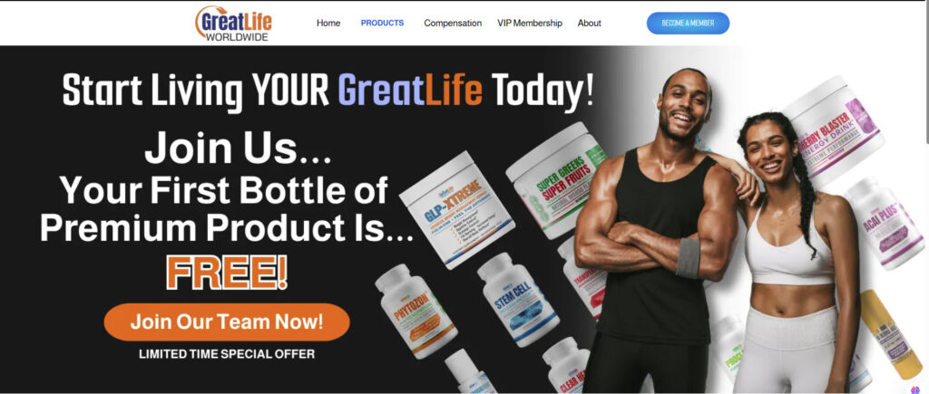 Homepage banner for GreatLife Worldwide featuring two smiling athletes, supplement bottles, and a promotion for a free first bottle of premium product with your GreatLife Worldwide team membership.
