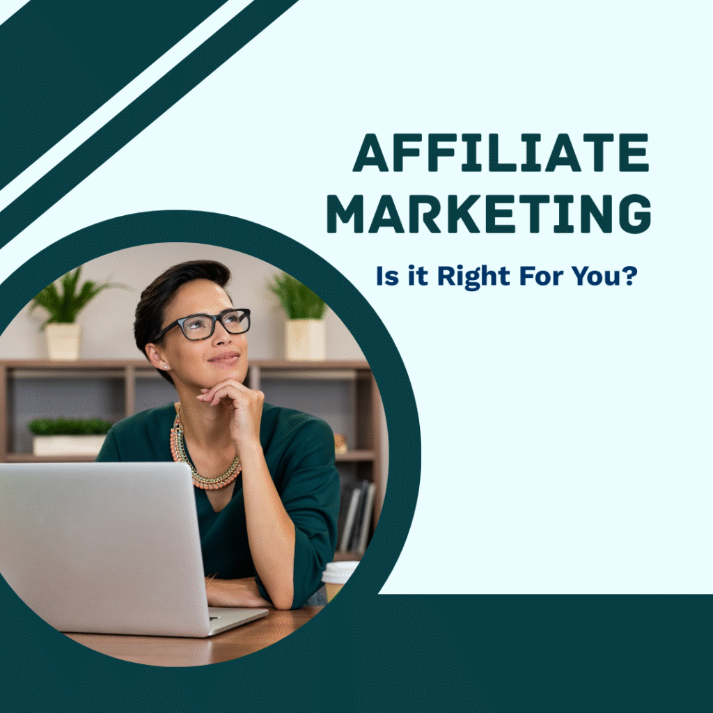 A woman sits at a desk with a laptop, looking thoughtful. Text reads "Affiliate Marketing: Should You Do Affiliate Marketing? A Truthful Guide" on a geometric background.