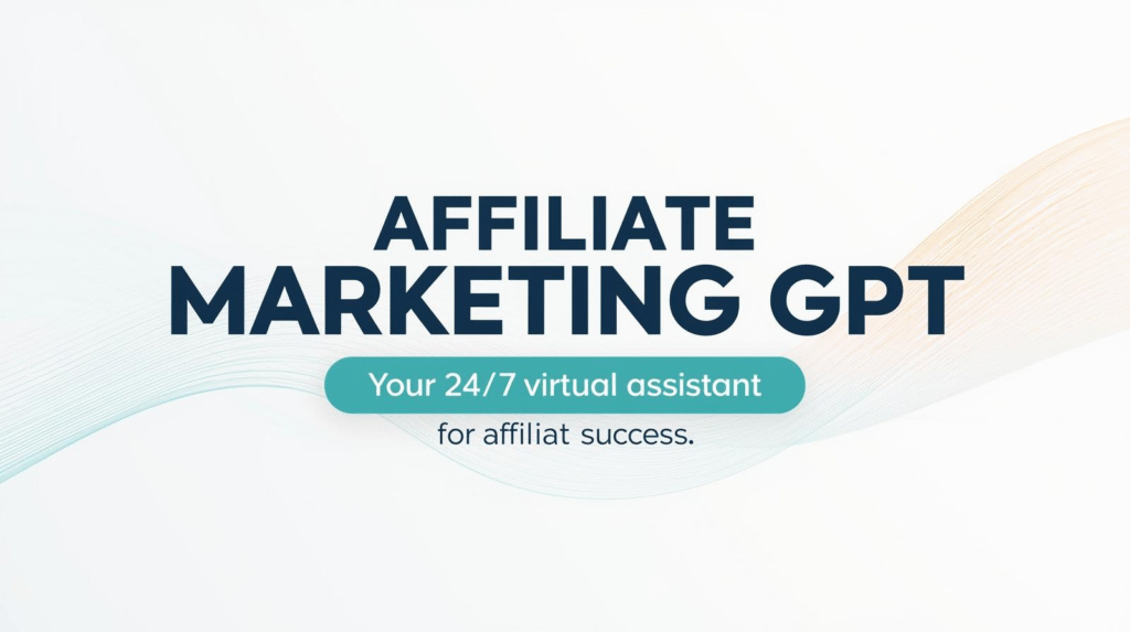 Text graphic with the words "Affiliate Marketing GPT - Your 24/7 virtual assistant for affiliate success and smarter links" on a white background with wave patterns.
