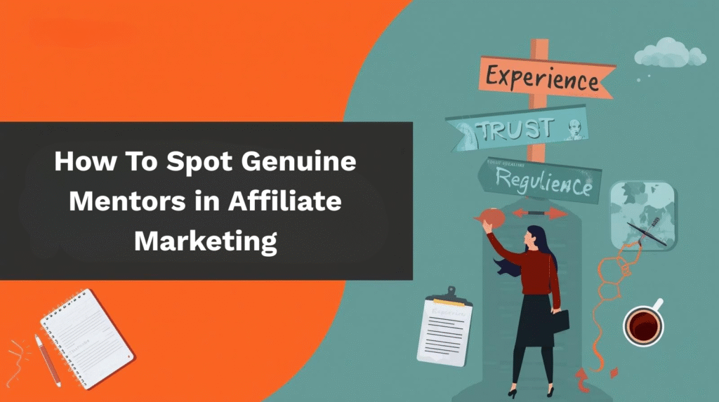 A graphic with a woman pointing at a signpost labeled Experience, Trust, and Relevance, alongside text reading "How To Spot Genuine Mentors in Affiliate Marketing.