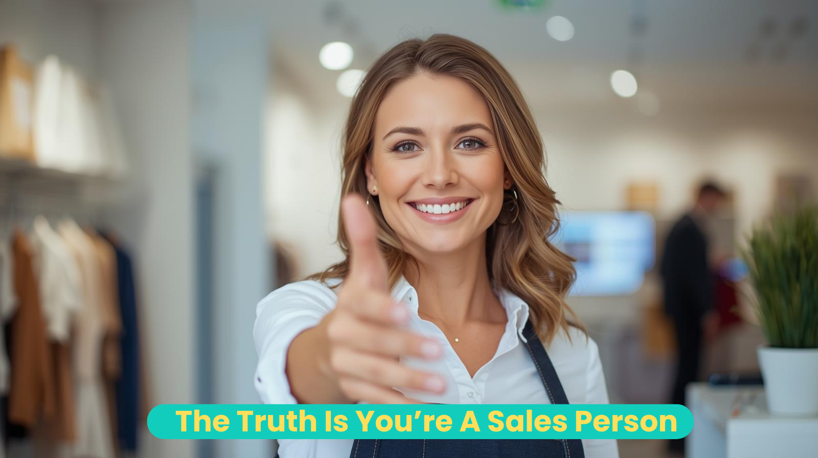 Smiling woman in a professional setting extends her hand for a handshake; text overlay reads, "The Marketing Truth Is You’re A Sales Person.