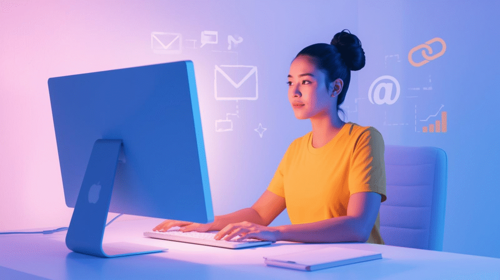 A woman sits at a desk using a desktop computer, with digital email and data icons floating in the background—an ideal scene for beginners looking to get traction in affiliate marketing.