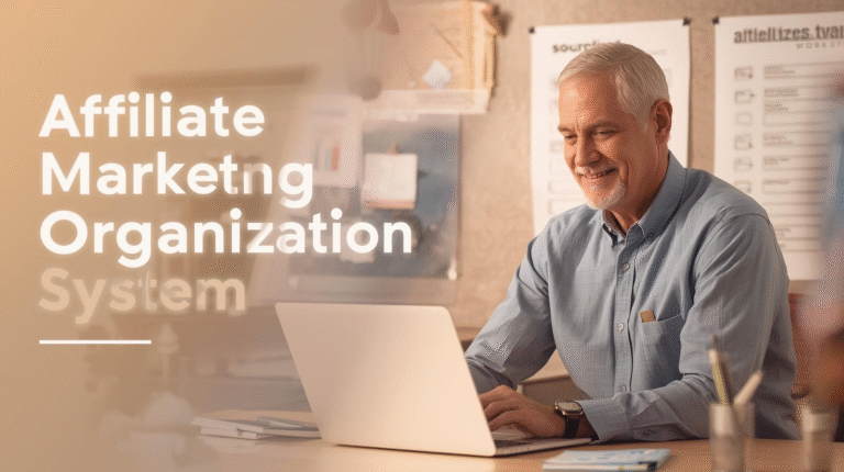 Older man with gray hair smiles while working on a laptop in an office. Text on image reads "Affiliate Marketing Organization System," highlighting the importance of a streamlined affiliate marketing system for success.