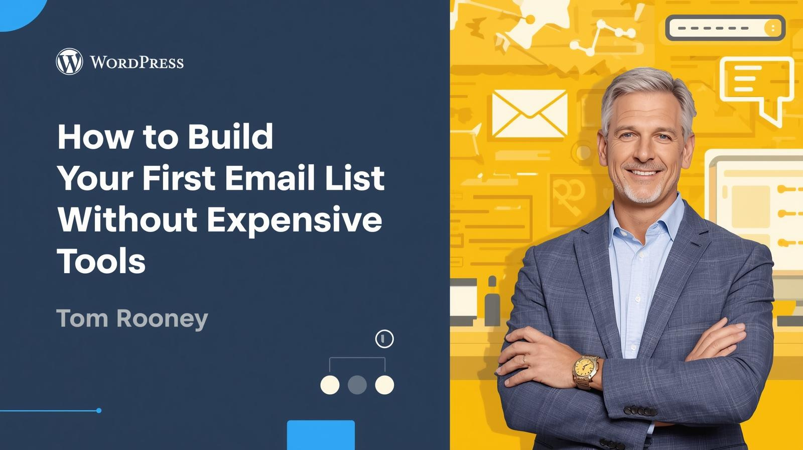 A man in a suit stands smiling beside text that reads “How to Build Your First Email List Without Expensive Tools, Tom Rooney, WordPress.” Yellow and blue graphic background highlights tips for email marketing success.