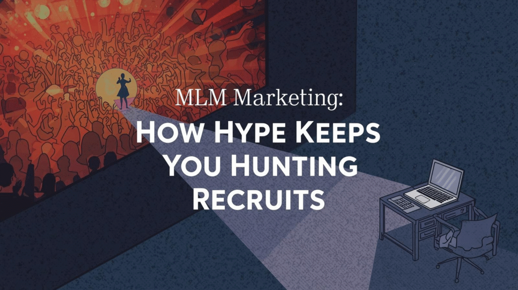 A person sits alone at a desk with a laptop, watching an image of a hyped crowd and a speaker, as the text reads "MLM Marketing: How Hype Keeps You Hunting New Recruits.