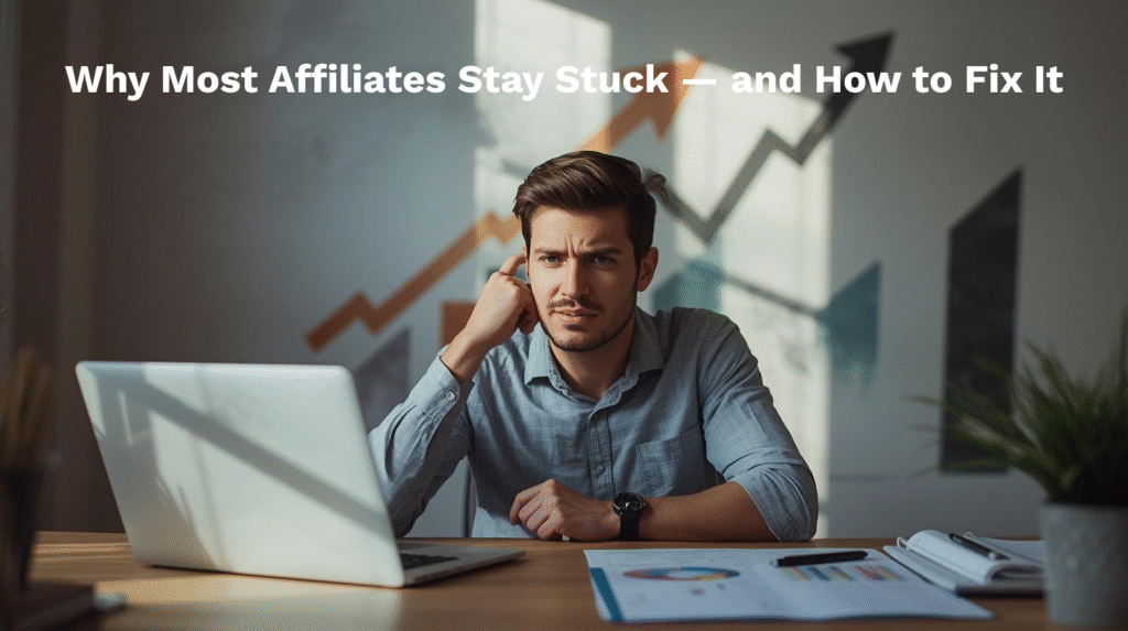 A man sits at a desk with a laptop and documents, appearing thoughtful, with a graph showing upward and downward trends on the wall behind him. Text reads: "Why Most Affiliates Stay Stuck — and How a next-level toolkit can fuel business growth.