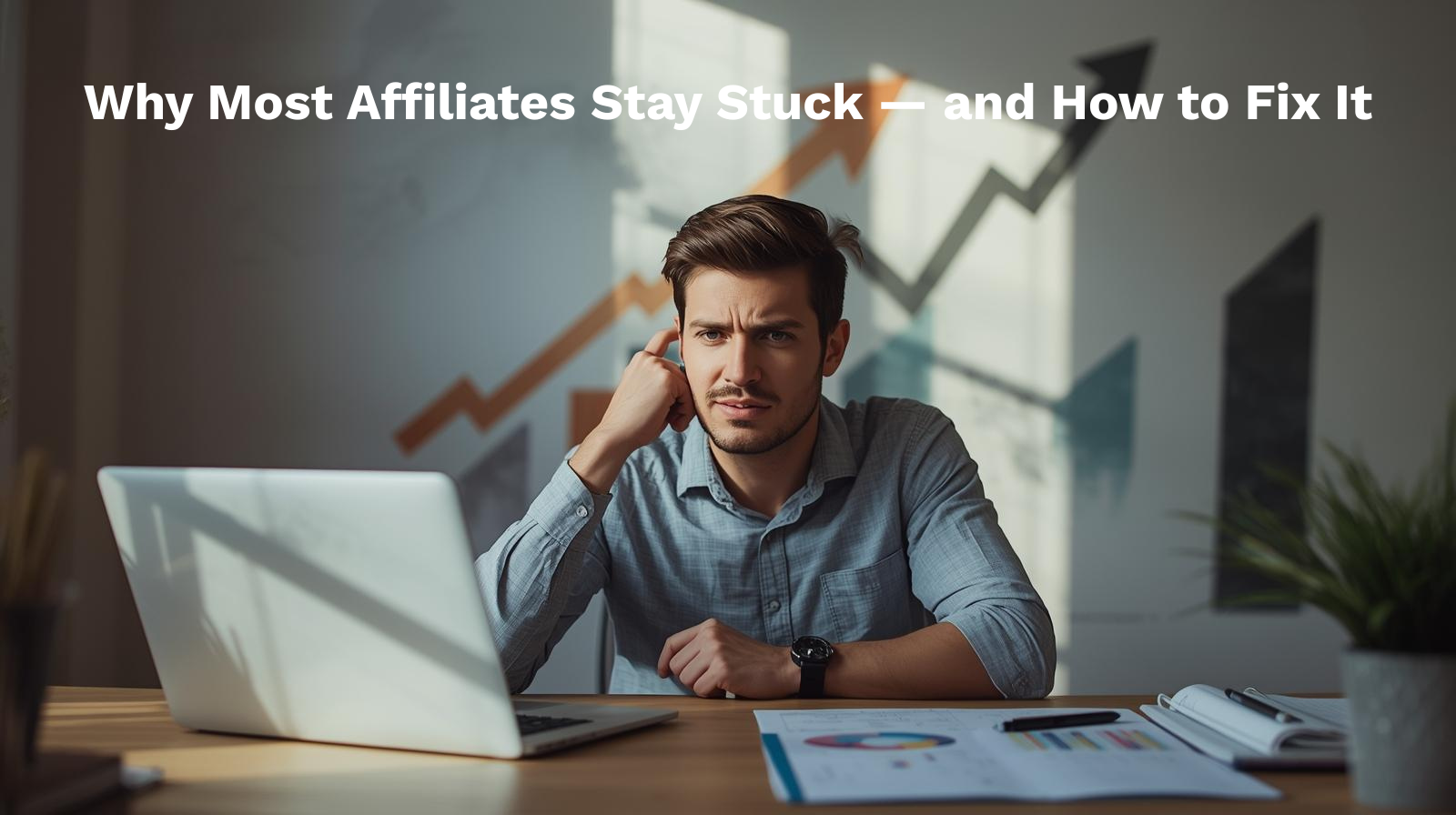 A man sits at a desk with a laptop and documents, appearing thoughtful, with a graph showing upward and downward trends on the wall behind him. Text reads: "Why Most Affiliates Stay Stuck — and How a next-level toolkit can fuel business growth. - Prime Affiliate Reviews — Trusted, Honest Support A man sits at a desk with a laptop and documents, appearing thoughtful, with a graph showing upward and downward trends on the wall behind him. Text reads: "Why Most Affiliates Stay Stuck — and How a next-level toolkit can fuel business growth.