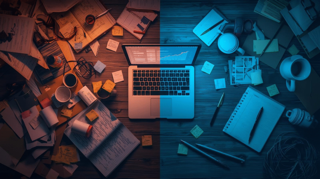 A laptop sits on a desk with the left side cluttered and messy, while the right side is tidy and organized—illustrating how a next-level toolkit can transform your workspace efficiency.