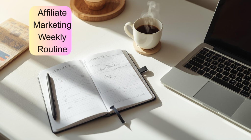 Open planner with handwritten notes beside a cup of coffee and laptop on a desk; text overlay reads "Simple Affiliate Marketing Weekly Routine.