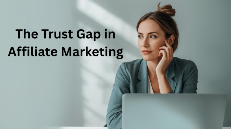 A woman in a blazer sits at a desk with a laptop, looking thoughtful. Text on the image reads: "The Trust Gap in Affiliate Marketing," highlighting the affiliate marketing trust challenges many face today.