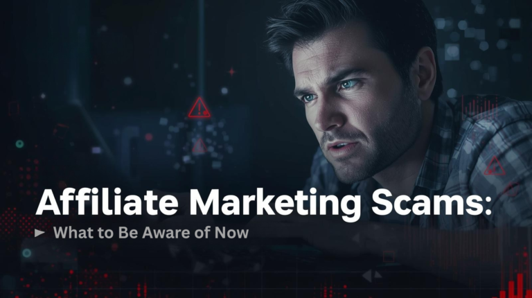 A man looks intently at a computer screen with digital warning icons; the text reads, "Affiliate Marketing Scams: What to Be Aware of Now—protect yourself from the latest affiliate marketing threats.