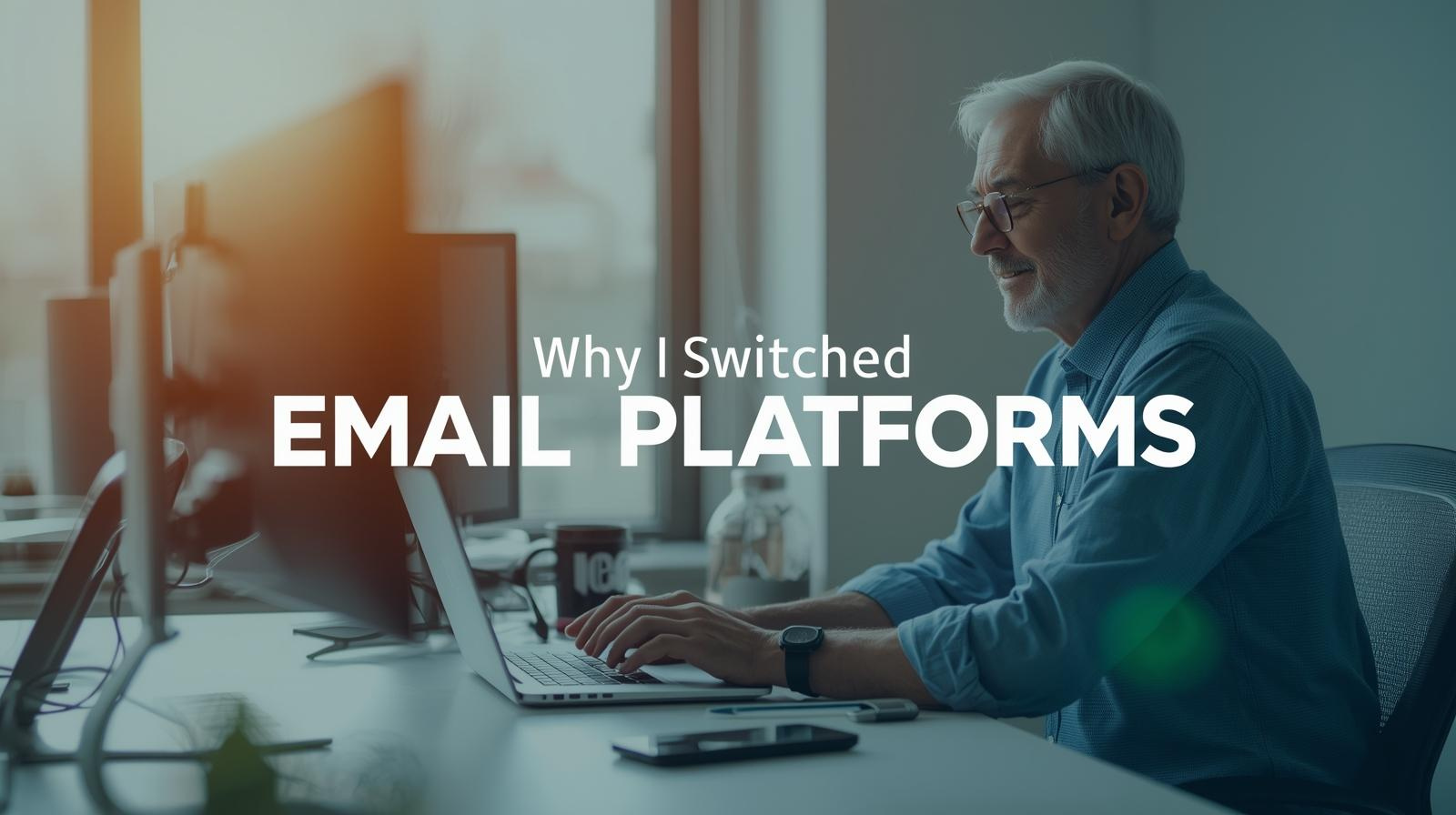 Older man in glasses works on a laptop at a desk in a bright office. Overlay text reads: "Why I Switched to EmailOctopus for Smarter Email Marketing.