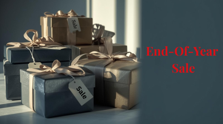 Several gift boxes with sale tags and ribbon bows are stacked on a table, with "End-of-Year Deals" written in red text on the right side of the image.