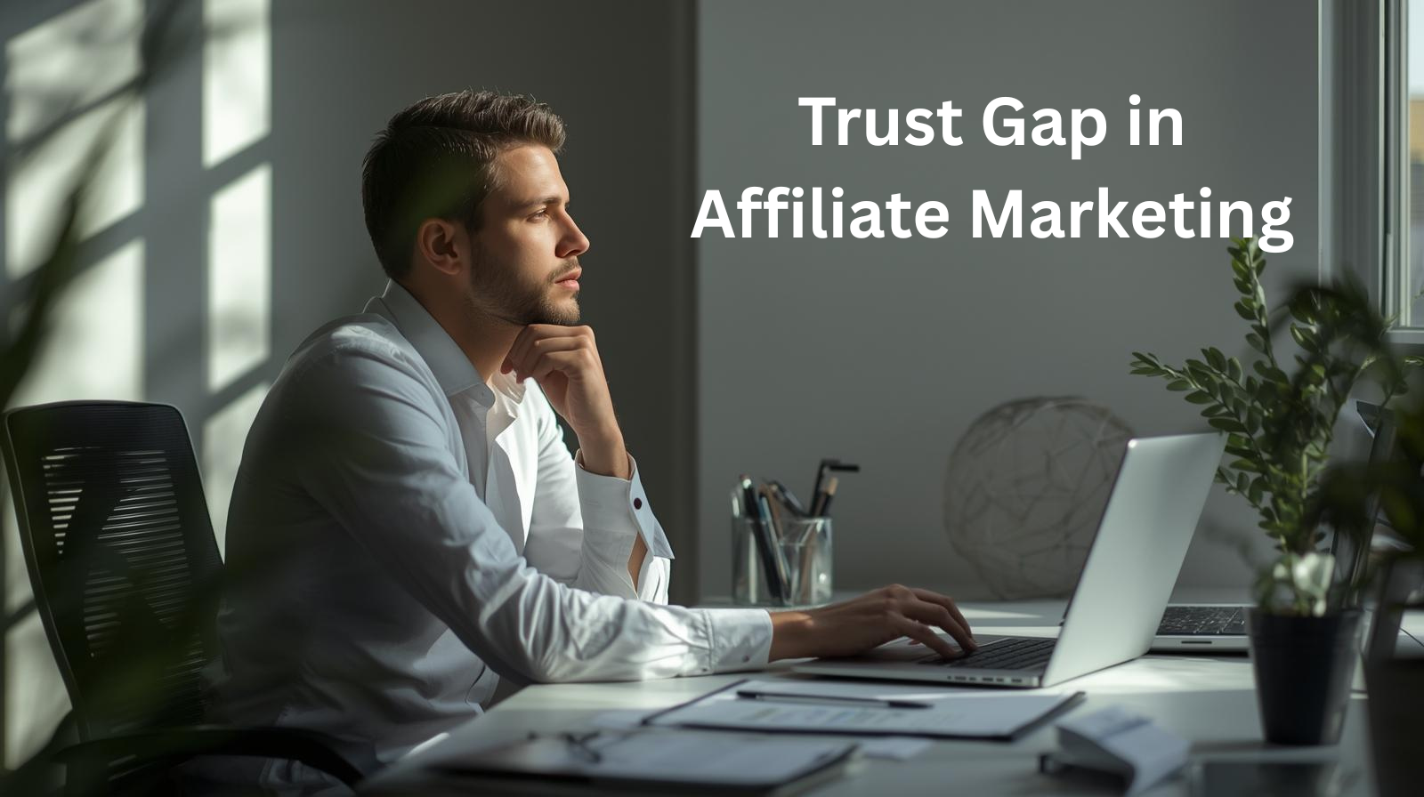 A man in a white shirt sits at a desk with a laptop, looking thoughtful. Text reads, "Exploring the Trust Gap in Affiliate Marketing.