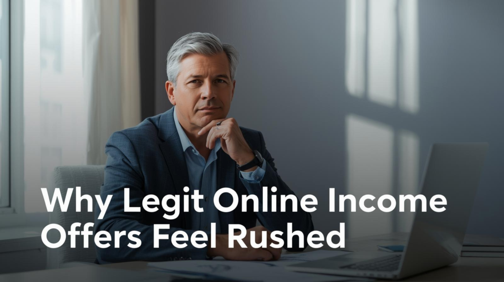 A serious middle-aged man in a business suit sits at a desk in a modern office. Text overlay reads: "Why Decession is Crucial Before Joining Legit Online Income Offers.
