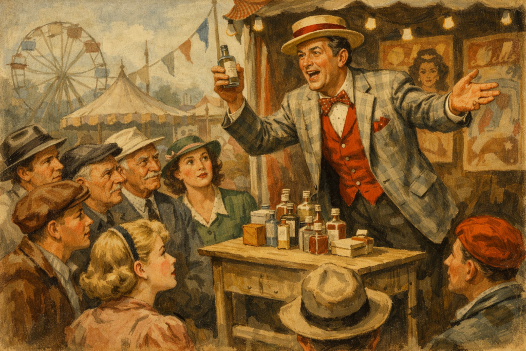 A man in vintage clothing enthusiastically sells bottles to a small crowd at a fair, eager to make money, with a ferris wheel and tents visible in the background.