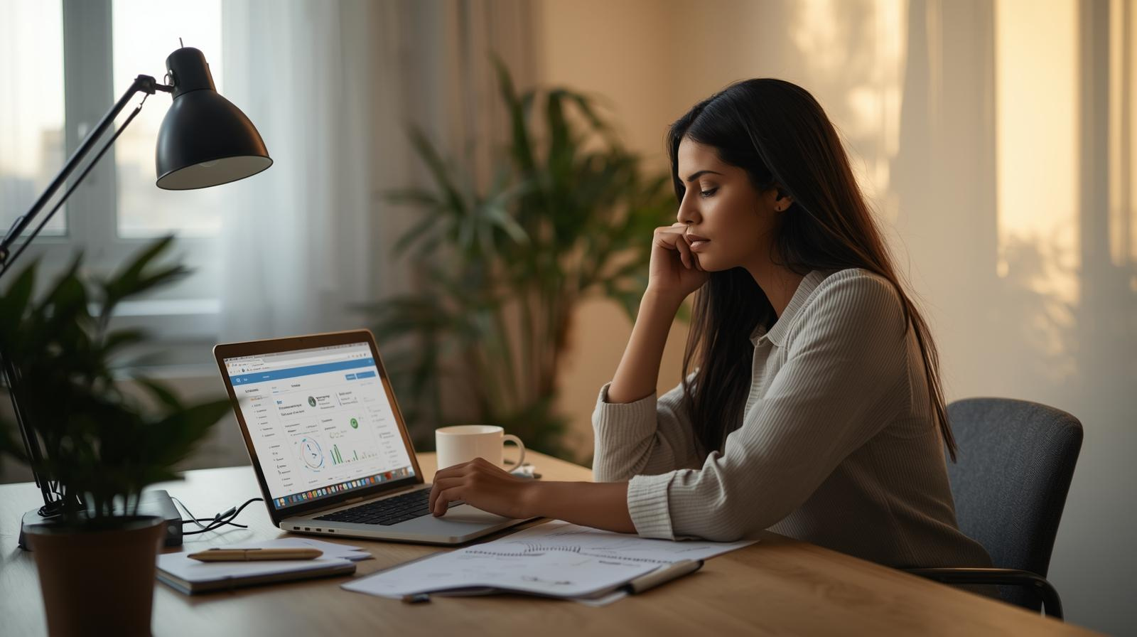 A woman sits at a desk reviewing graphs on a laptop, considering the next logical step for her email list, with papers, a pen, and a coffee mug nearby in a well-lit home office with plants.