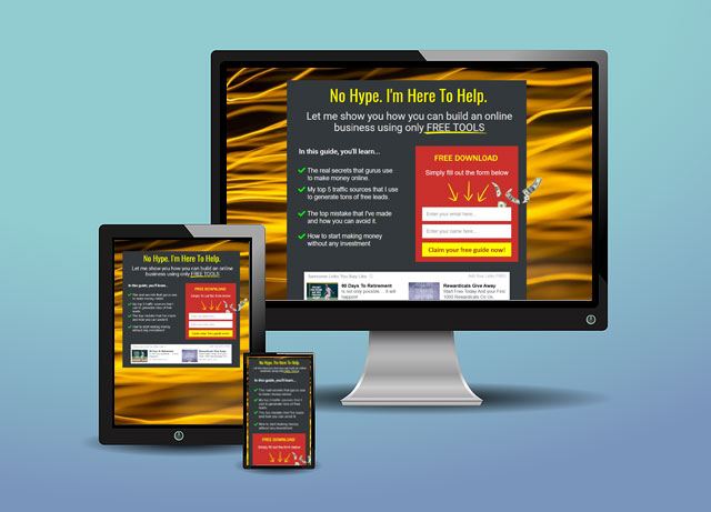 A computer monitor, tablet, and smartphone display the same LeadsLeap review webpage with a gold background and a free download offer.