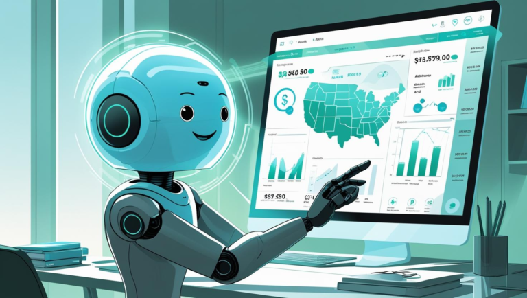 A smiling AI robot interacts with a large computer monitor displaying charts, graphs, and a map of the United States in a modern office setting.