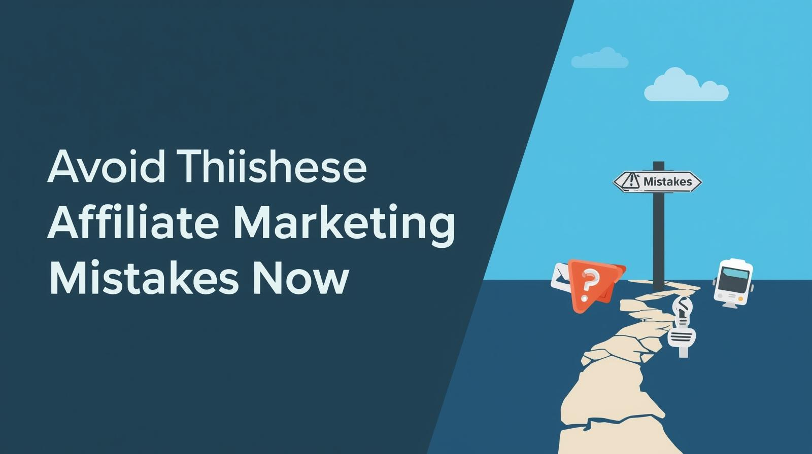 Text reads "Avoid These Affiliate Marketing Mistakes Now" beside an illustration of a damaged road marked "Mistakes," with icons of a car, bus, and caution symbol—reminding you to avoid affiliate mistakes on your journey.